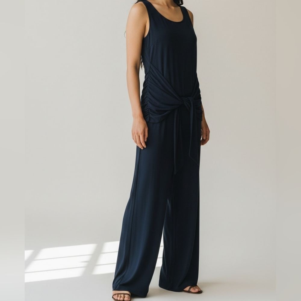 Laundry By Shelli Segal Navy Sleeveless Wide-Leg Jumpsuit with Front Tie 4054